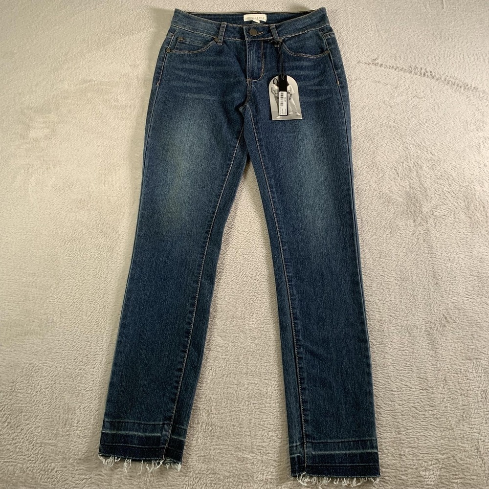 Kendall & Kylie Jeans Juniors 3/4 Blue Medium Wash Mid Rise Skinny Fringe Hem